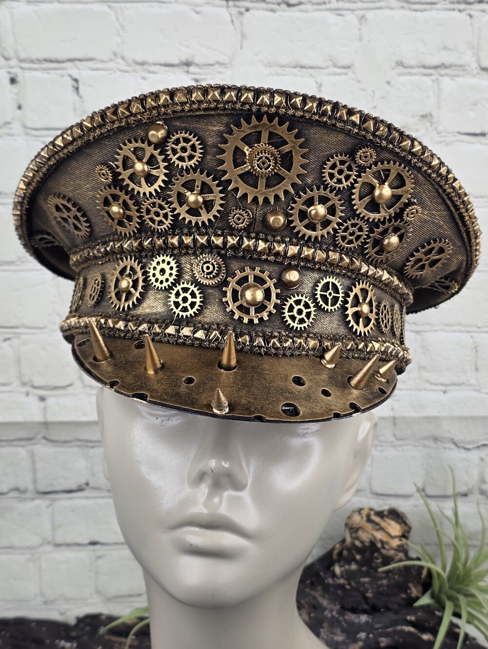 Steampunk Captain Officer Burning Man Hat Metallic Bronze Gears, Studs & Spikes
